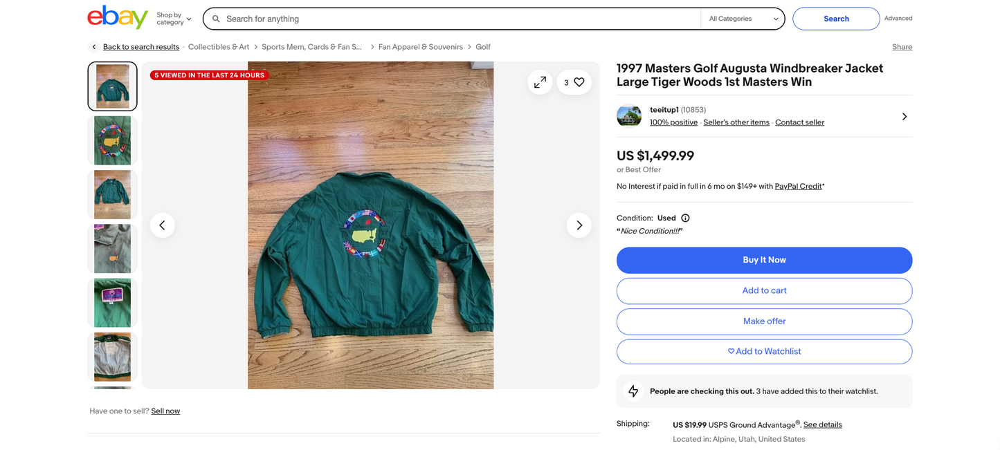 1997 Masters Augusta National Windbreaker (Tiger's First Major)