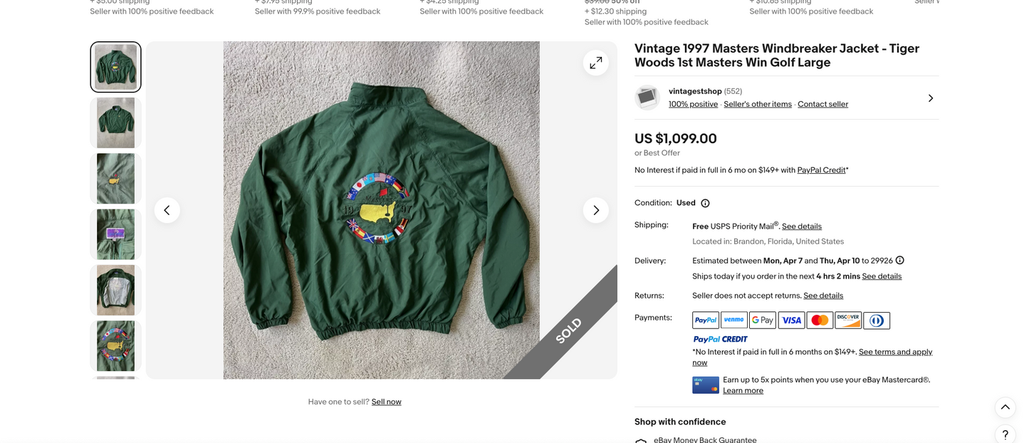 1997 Masters Augusta National Windbreaker (Tiger's First Major)